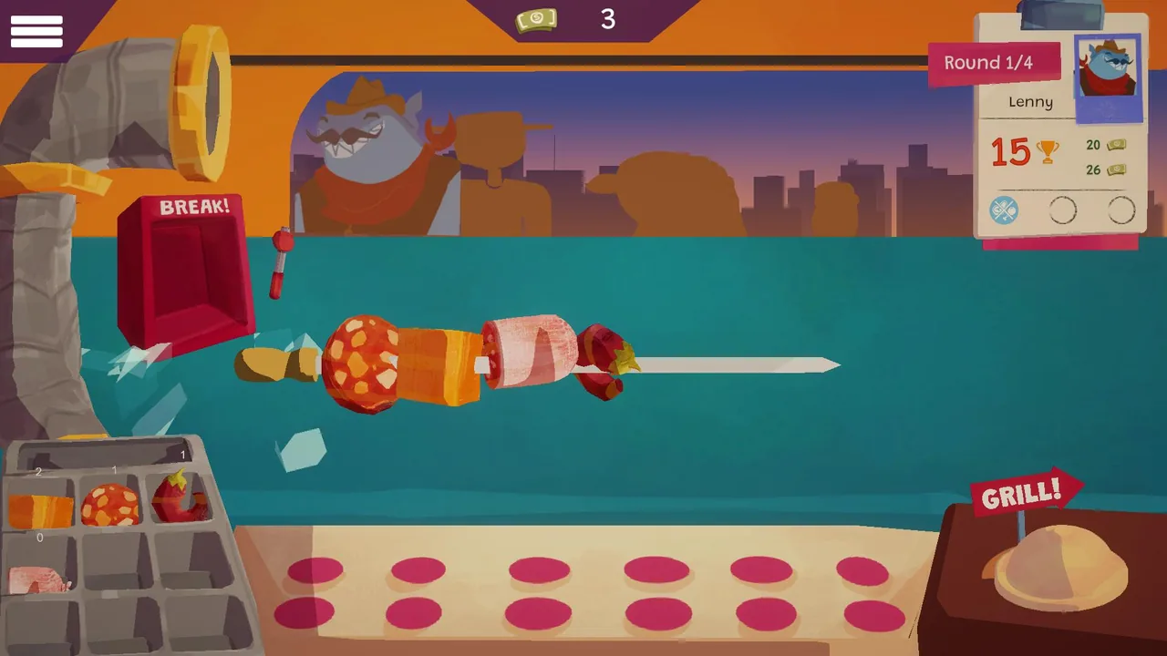 Skewered Up! screenshot: assembling a kebab skewer for a customer with a target score