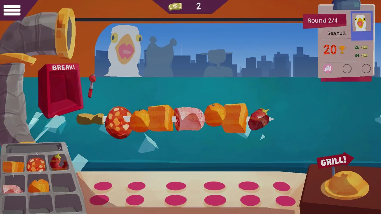 Skewered Up! screenshot: a full skewer of meat, fruit and cheese ready for the grill while a seagull customer waits